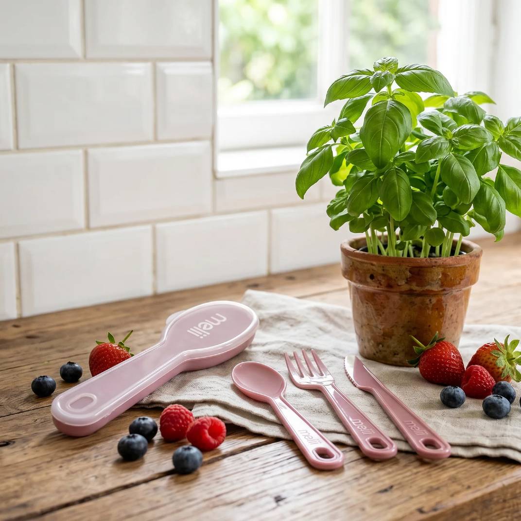 A set of berry cutlery with a case. 