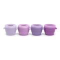 Four Melii cat shaped baby feeding cups in pastel shades of purple and lavender, arranged in a row against a white background.