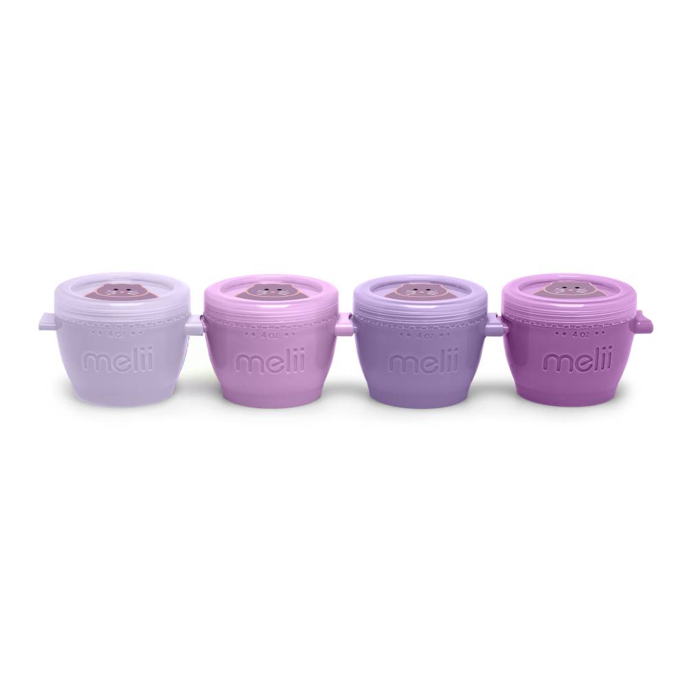 Four Melii cat shaped baby feeding cups in pastel shades of purple and lavender, arranged in a row against a white background.
