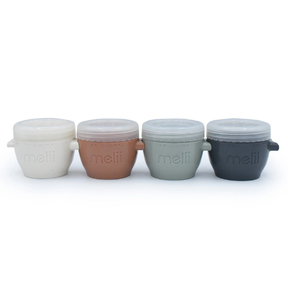 Four earth toned food containers with lids on a white background, branded 'Melii'