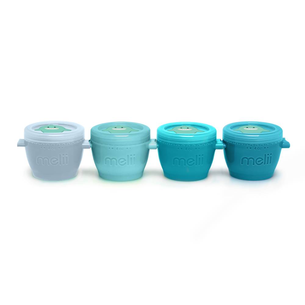 Four Meli  baby food storage containers in shades of light blue, teal, and dark teal, arranged in a row on a white background.
