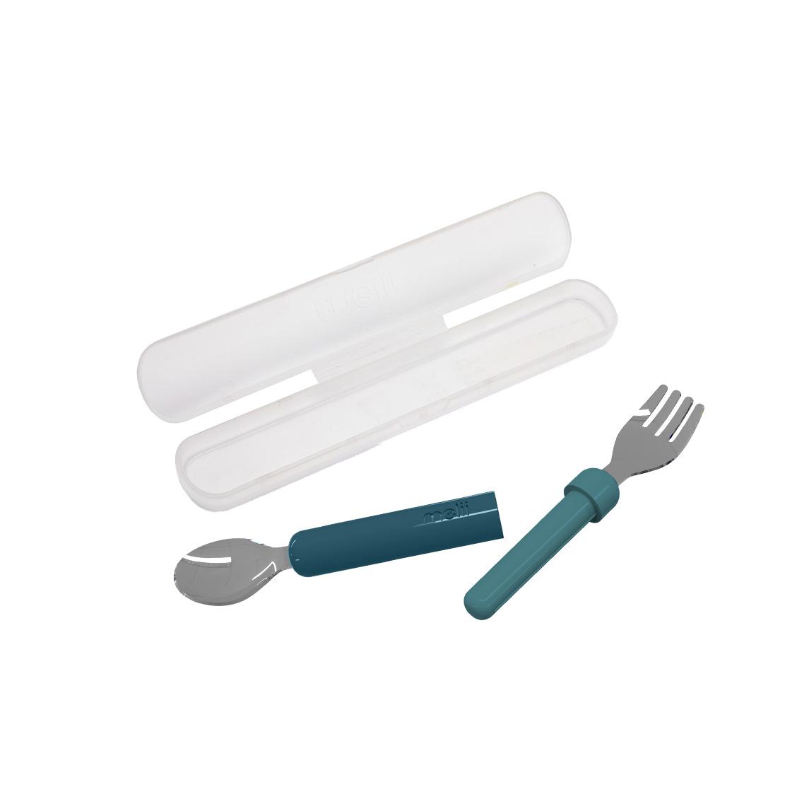 Set of silverware with blue handles and white carrying case on a white background