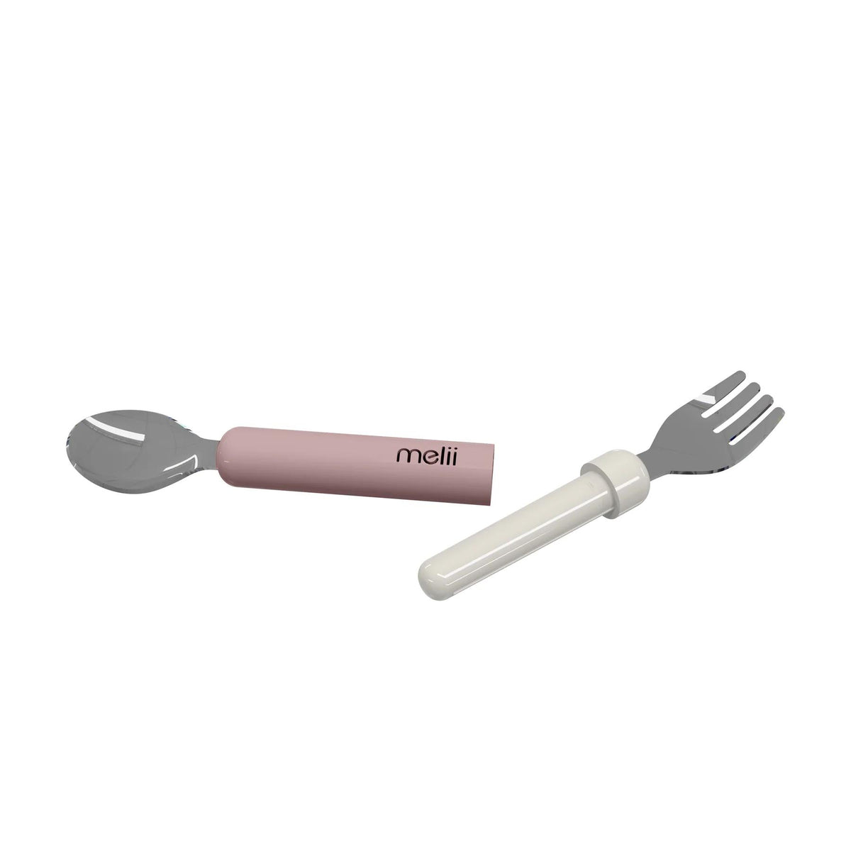 Children's fork and spoon set with pink handle and 'meli' branding on a white background