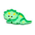 Green dinosaur-shaped silicone divided plate with yellow spots on a white background