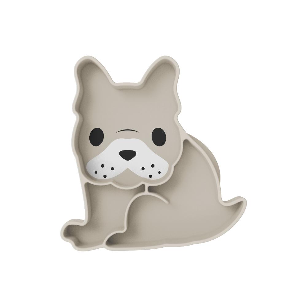 Dog-shaped silicone divided plate with a cartoon face on a white background