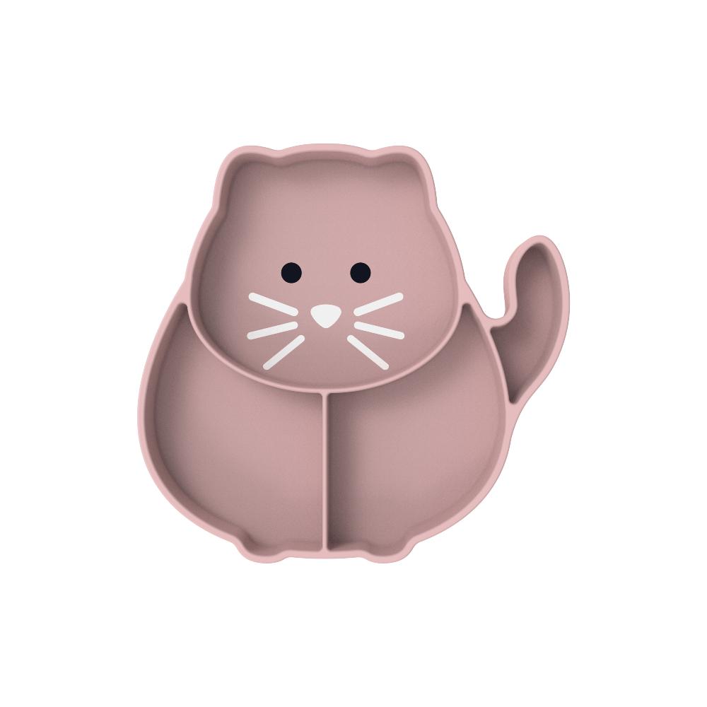 Pink cat-shaped plate on a white background