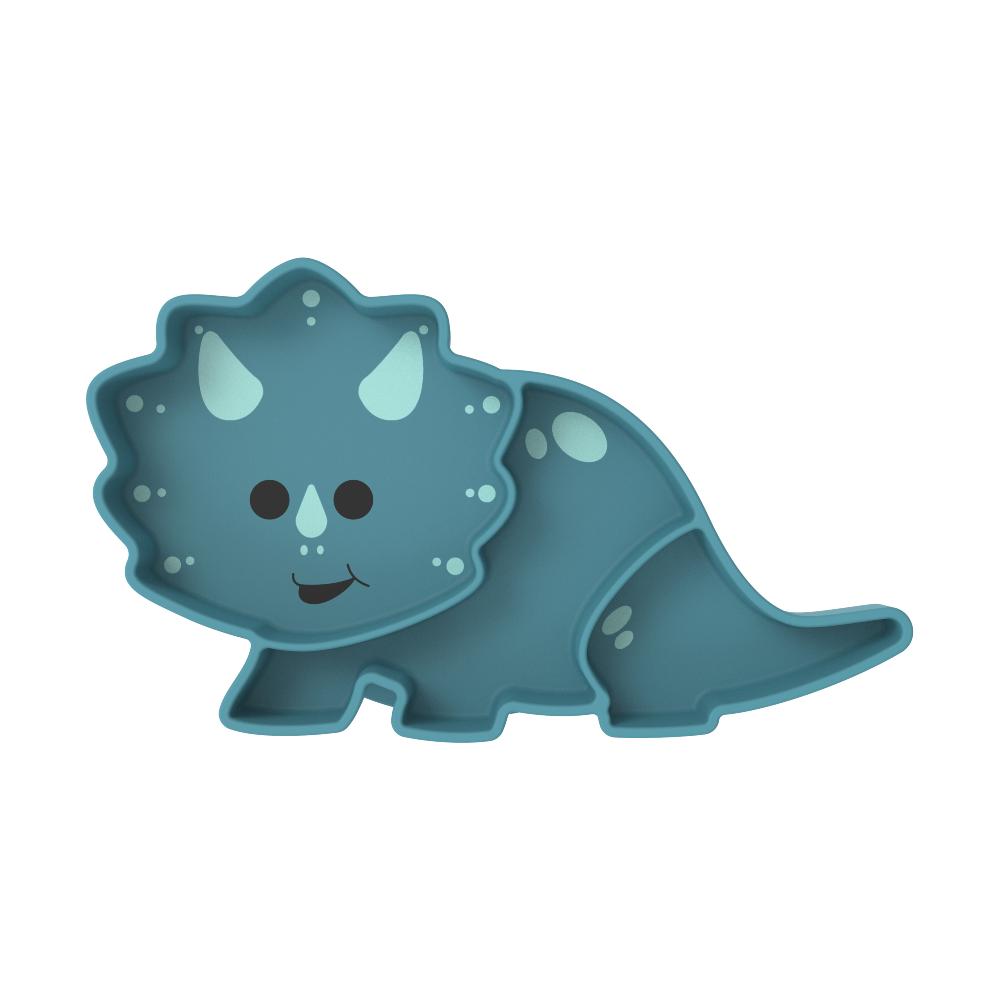 Blue dinosaur-shaped silicone plate on a white background