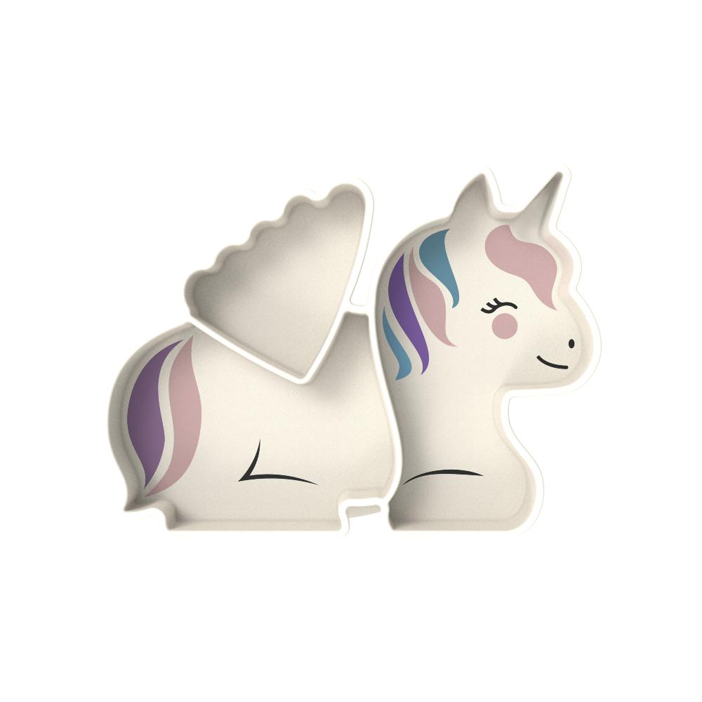 Unicorn-shaped silicone divided plate with a colorful mane on a white background