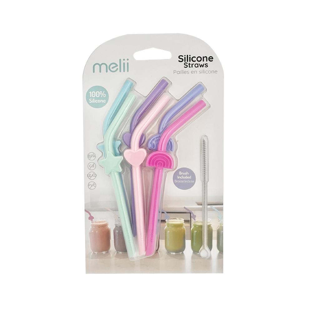 Packaging of silicone straws with pastel colors and 'melii' branding.