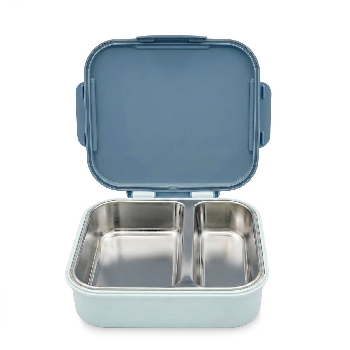 Stainless Steel Bento Box with Ice Pack - Slate/Seafoam, open showing the compartments, on a white background. 