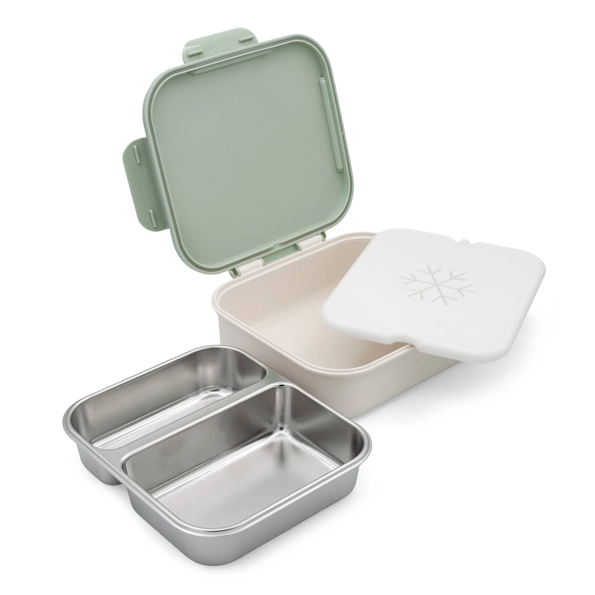 Stainless Steel Bento Box with Ice Pack - Ivory/Sage, with an ice pack and compartments sitting outside the bento box. 