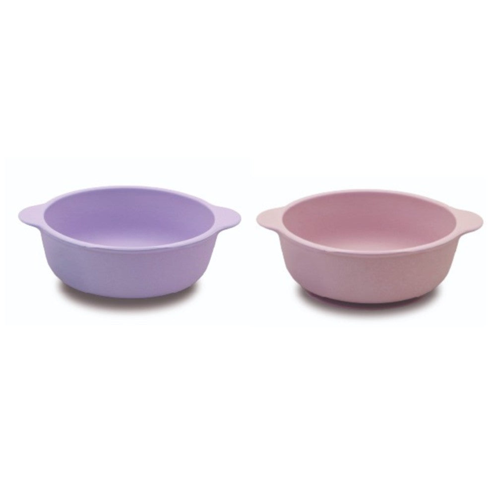 Two purple silicone suction bowls on a white background