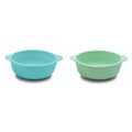 Two teal baby suciton bowls on a white background