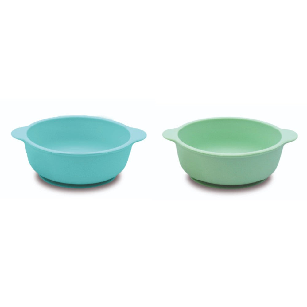 Two teal baby suciton bowls on a white background