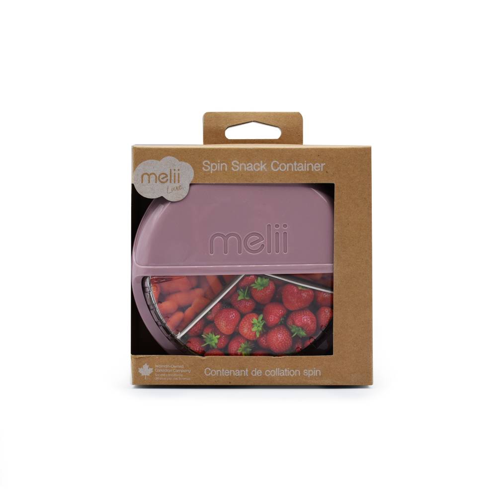 Melii spin snack container packaging with strawberries on a white background