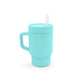 Turquoise kids straw mug with handle and straw on a white background