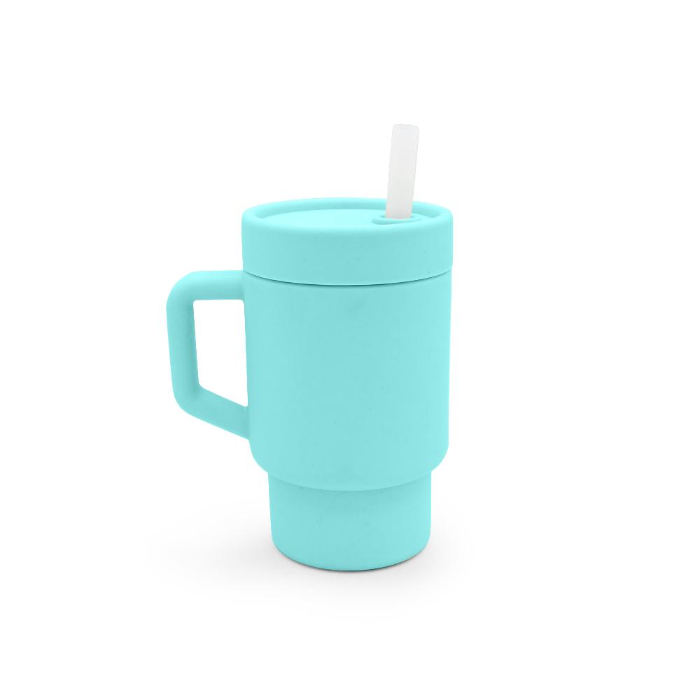 Turquoise kids straw mug with handle and straw on a white background