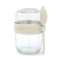 Glass Yoghurt Container with Spoon - Ivory, on a white background. 
