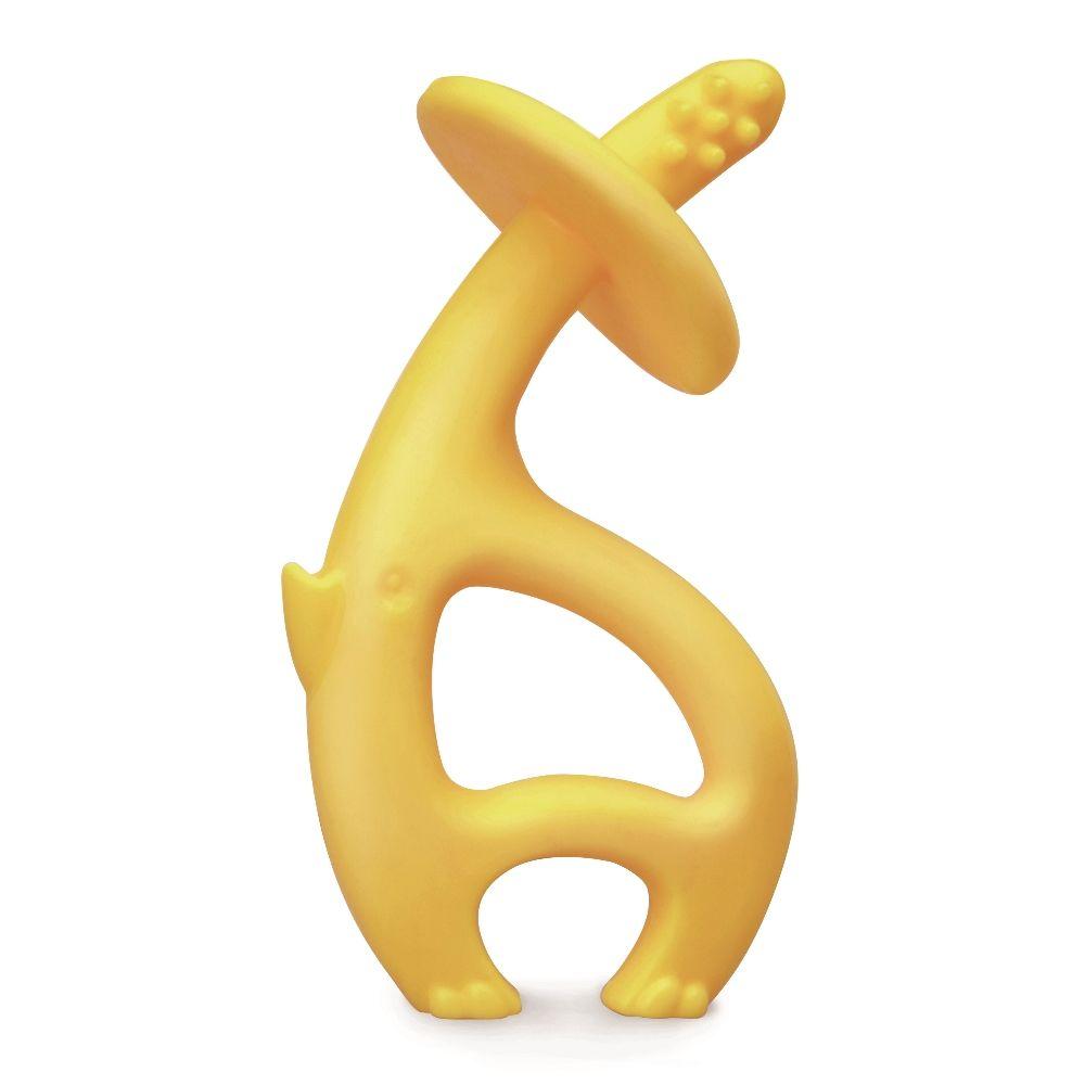 Yellow silicone teether on a white background