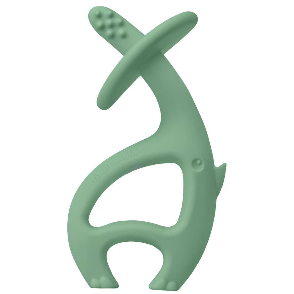 Green silicone teether on a white background