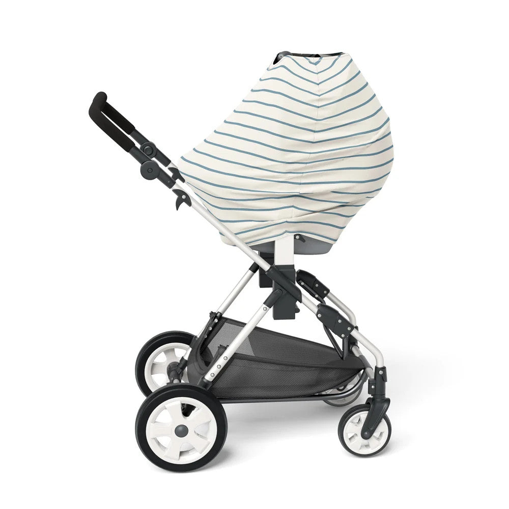 5 in 1 Multi-Use Cover - Seaside Stripes on a car seat capsule. 