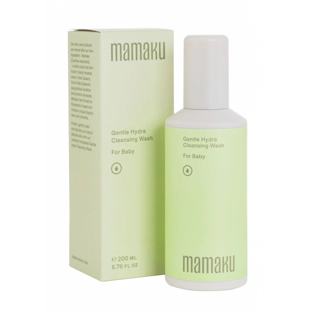 A bottle of Gentle Hydra Cleansing Wash for Baby next to it's packaging on a white background. 