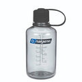 A clear plastic Nalgene water bottle with a black screw cap and carrying loop, featuring printed measurement markings and the blue Nalgene logo on the front, set against a plain white background.