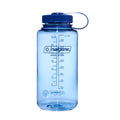 A translucent light blue Nalgene water bottle with a dark blue screw cap and carrying loop, shown on a plain white background.