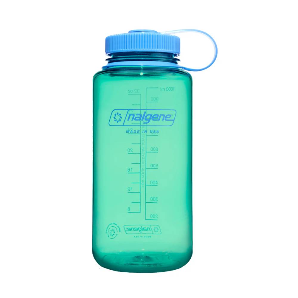 A translucent teal Nalgene water bottle with a blue screw cap and carrying loop, shown on a plain white background.