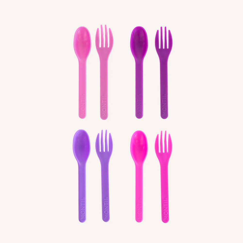 pink and purple reuseable plastic Montiico fork and spoon set