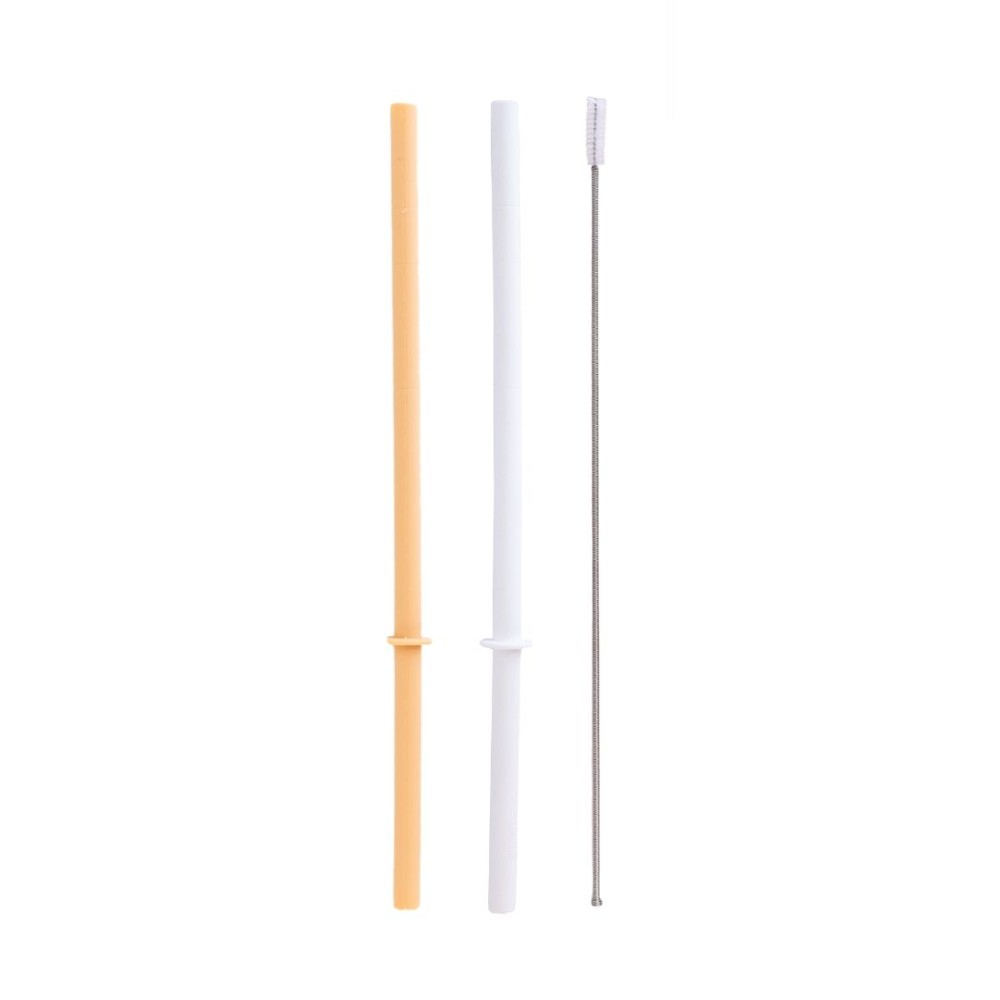 yellow and white Montiico silicone straws with a cleaning brush