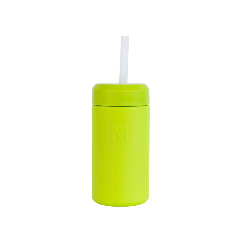 Montii Smoothie cup in matcha green with a silicone straw on a white background. 