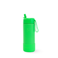 Green water bottle with a straw on a white background