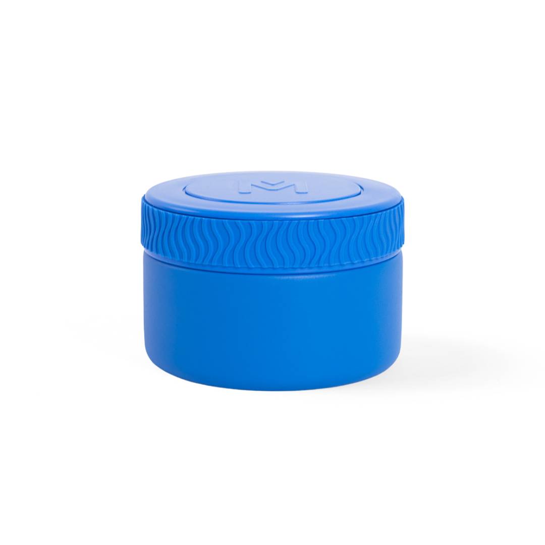 A small round blue stainless steel container with a screw-top lid, shown on a clean white background.