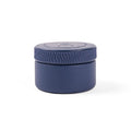 A small round blue container with a matching screw-top lid, shown on a clean white background.