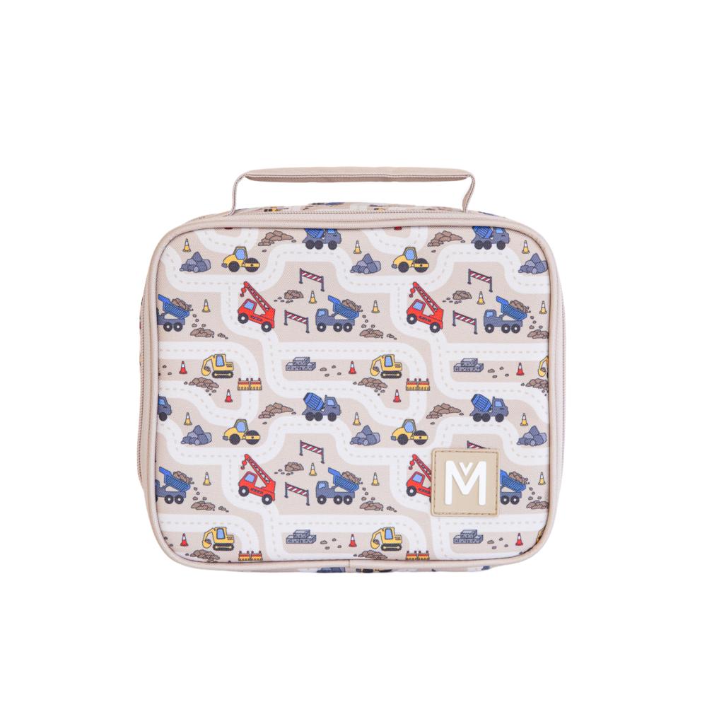 beige with construction vehicles Montiico medium insulated lunch bag