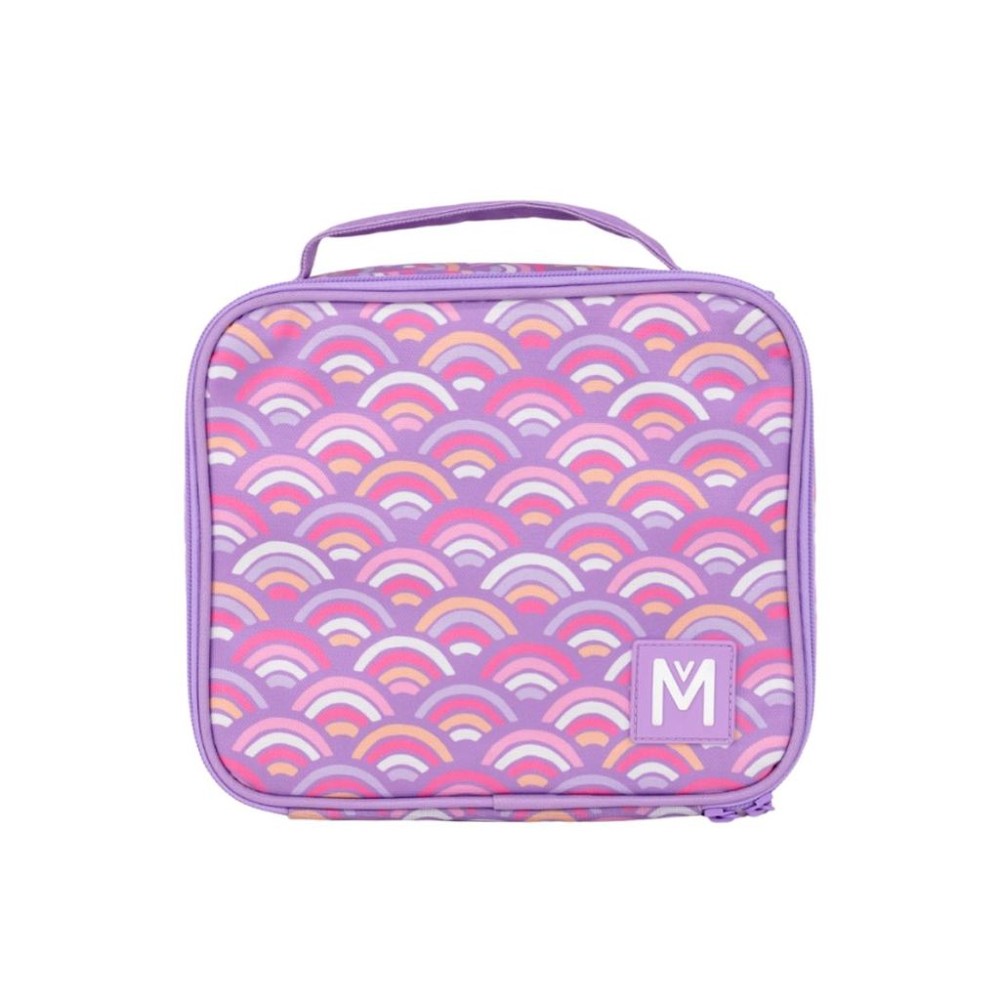 purple with pink and orange rainbows Montiico medium insulated lunch bag
