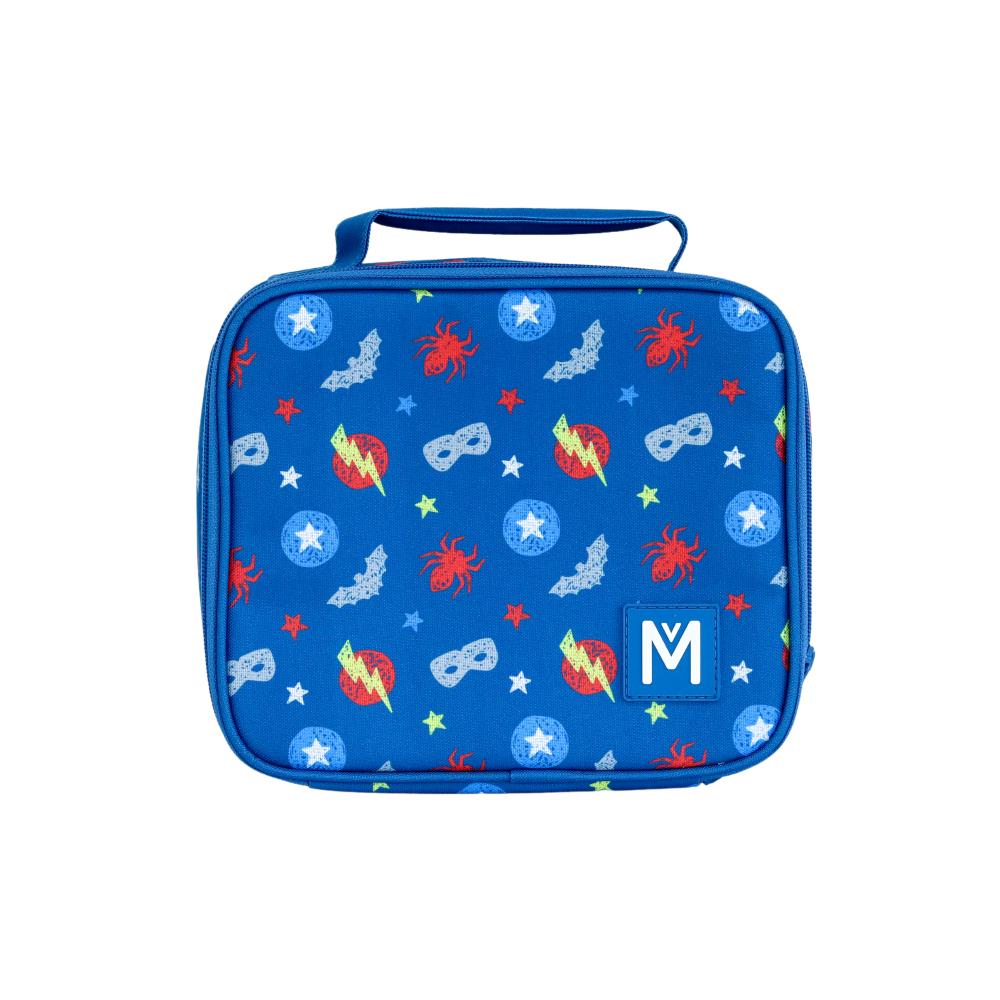 blue with superhero icons Montiico medium insulated lunch bag