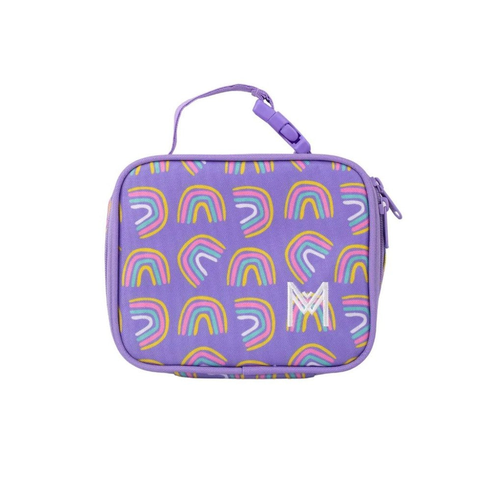 putple with rainbows Montiico mini insulated lunch bag
