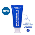 Blue tube of 'Moothpaste' blueberry smoothie flavor toothpaste with 'NEW' label on a white background.