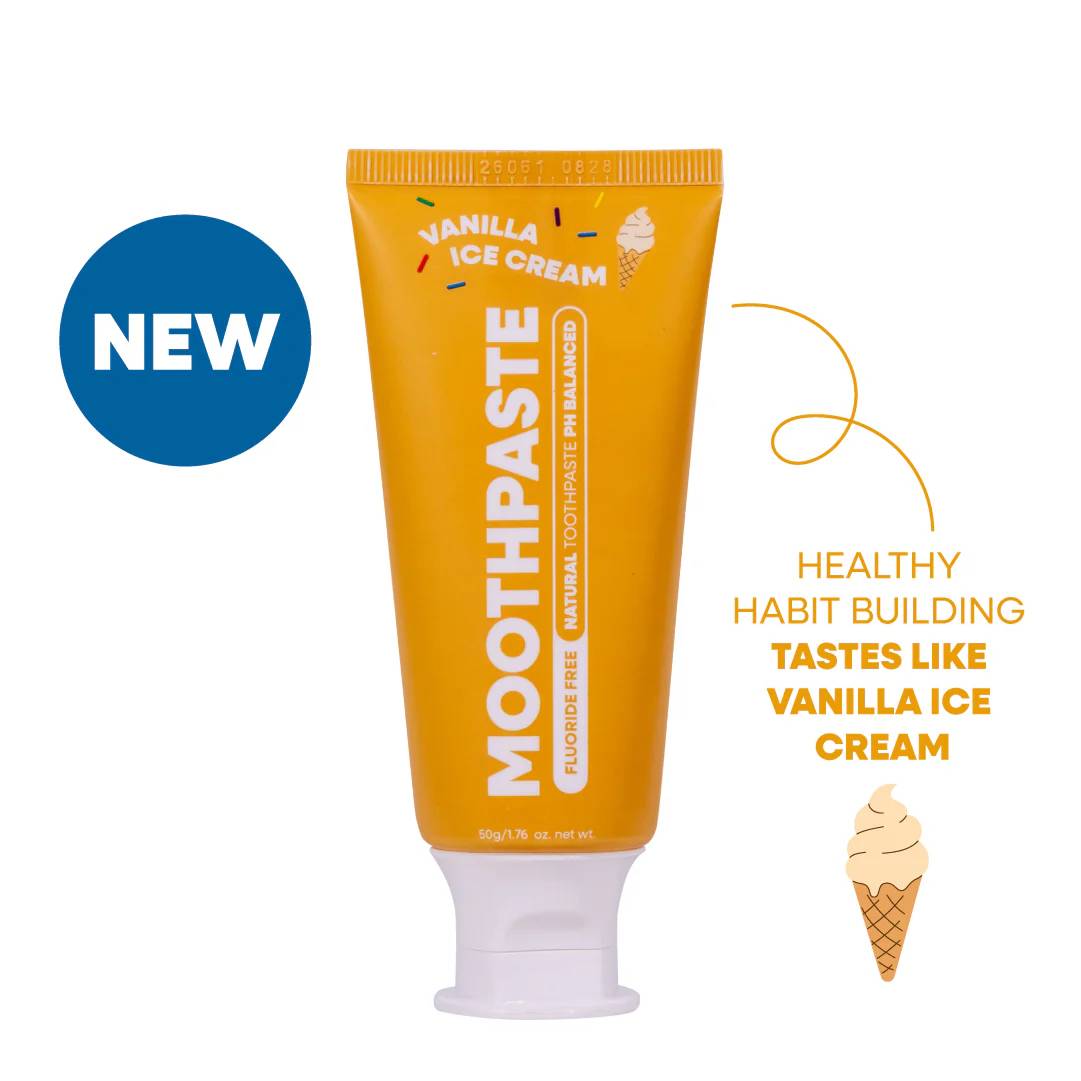 A tube of Moothpaste Vanilla Ice Cream toothpaste on a white background.