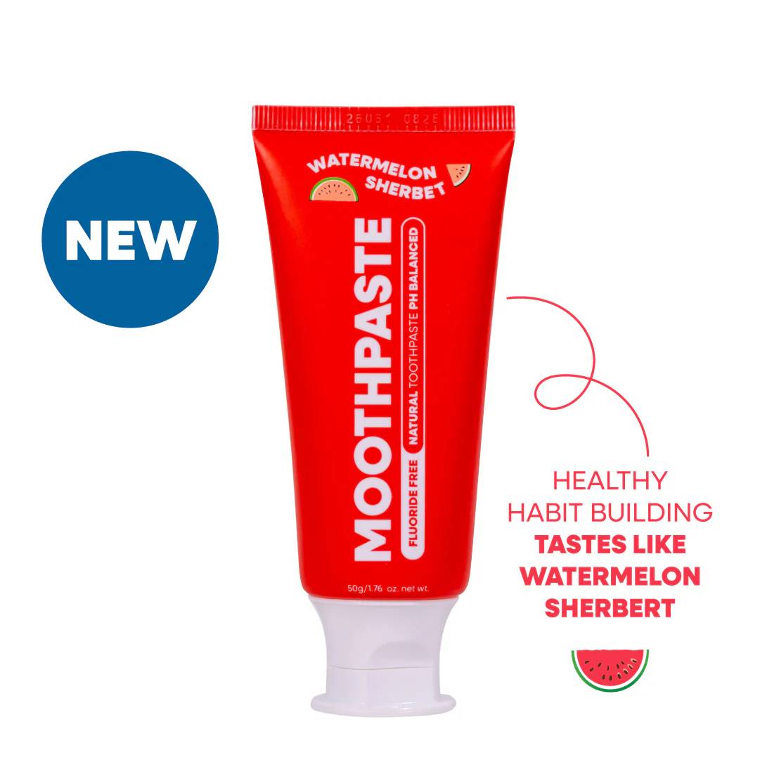 A red squeeze tube of Moothpaste Watermelon Sherbet toothpaste on a white background.