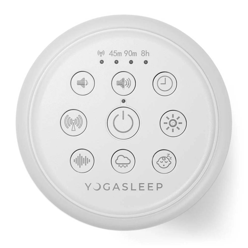 White noise machine with control buttons and 'Yogasleep' branding on a white background