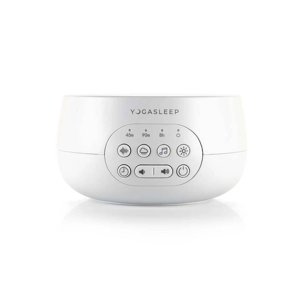 White sound machine with control panel on a white background, branded 'Yogasleep'.