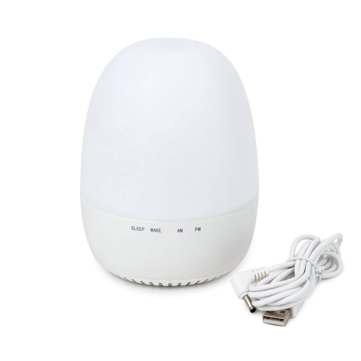 White sleep trainer clock with a cable on a white background