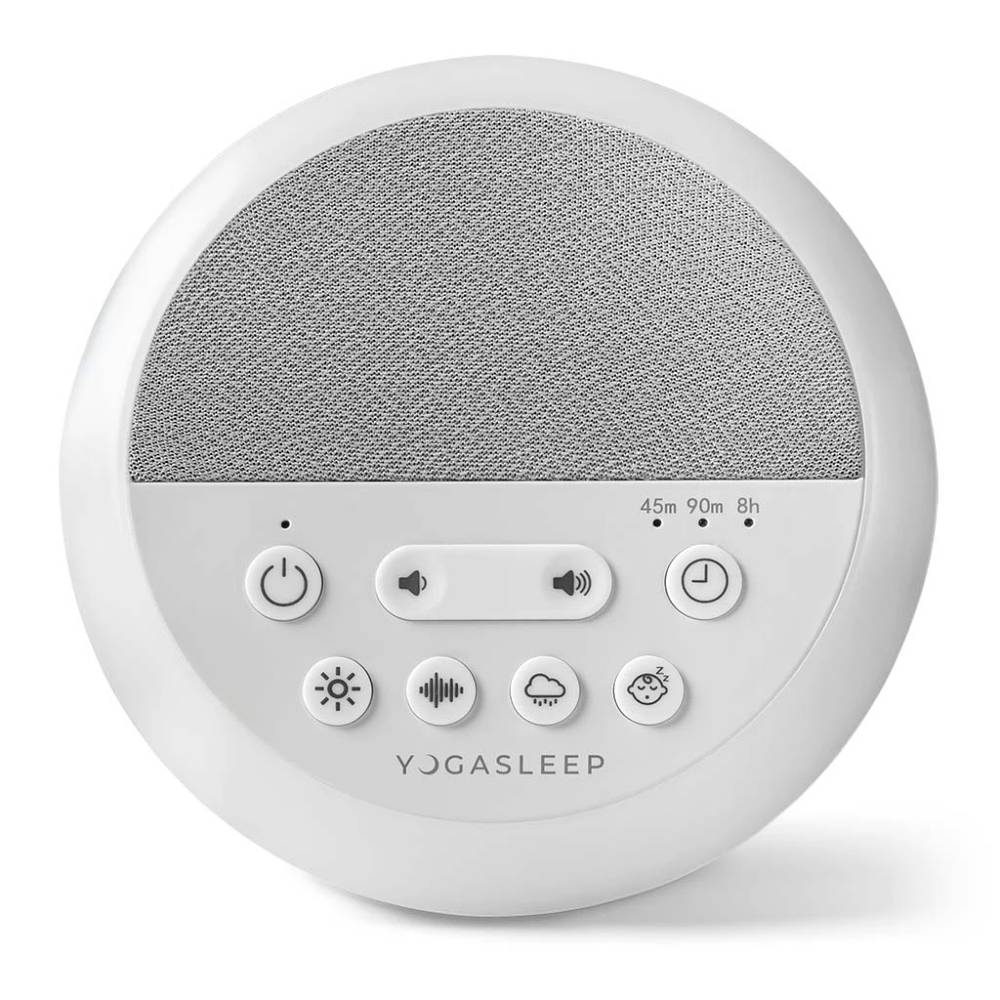 White noise machine with control buttons and text on a white background