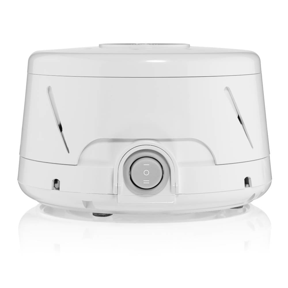 White sound machine with on/off switch on a white background