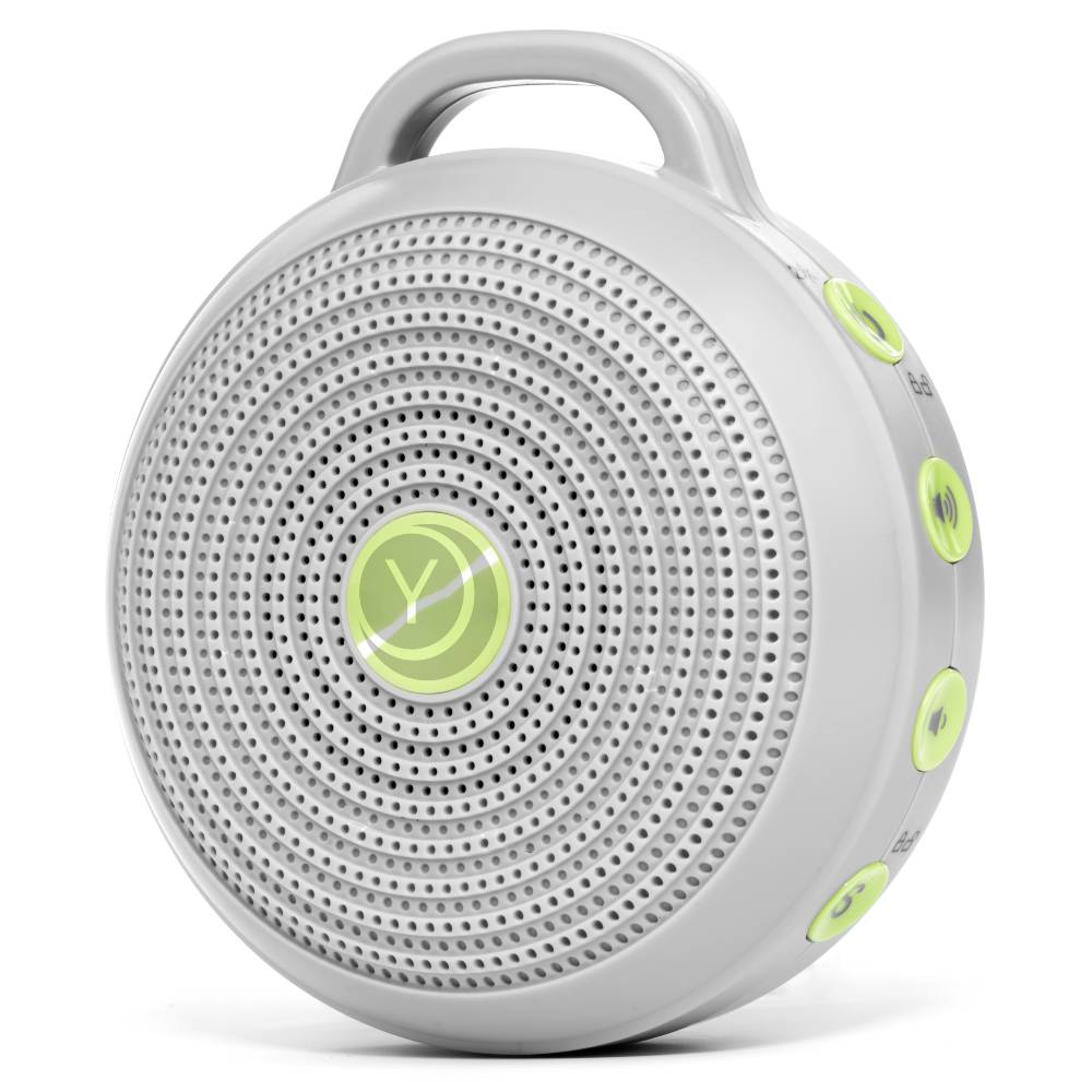 Gray and green portable white noise machine on a white background
