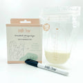 Milk bar breastmilk storage bags set, featuring a clear storage bag with milk inside, a marker pen, and the retail packaging box on a white background.