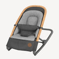A modern baby bouncer chair with a light gray heathered fabric seat and backrest, a natural wood frame, and a dark gray base and safety harness, shown on a light gray background.